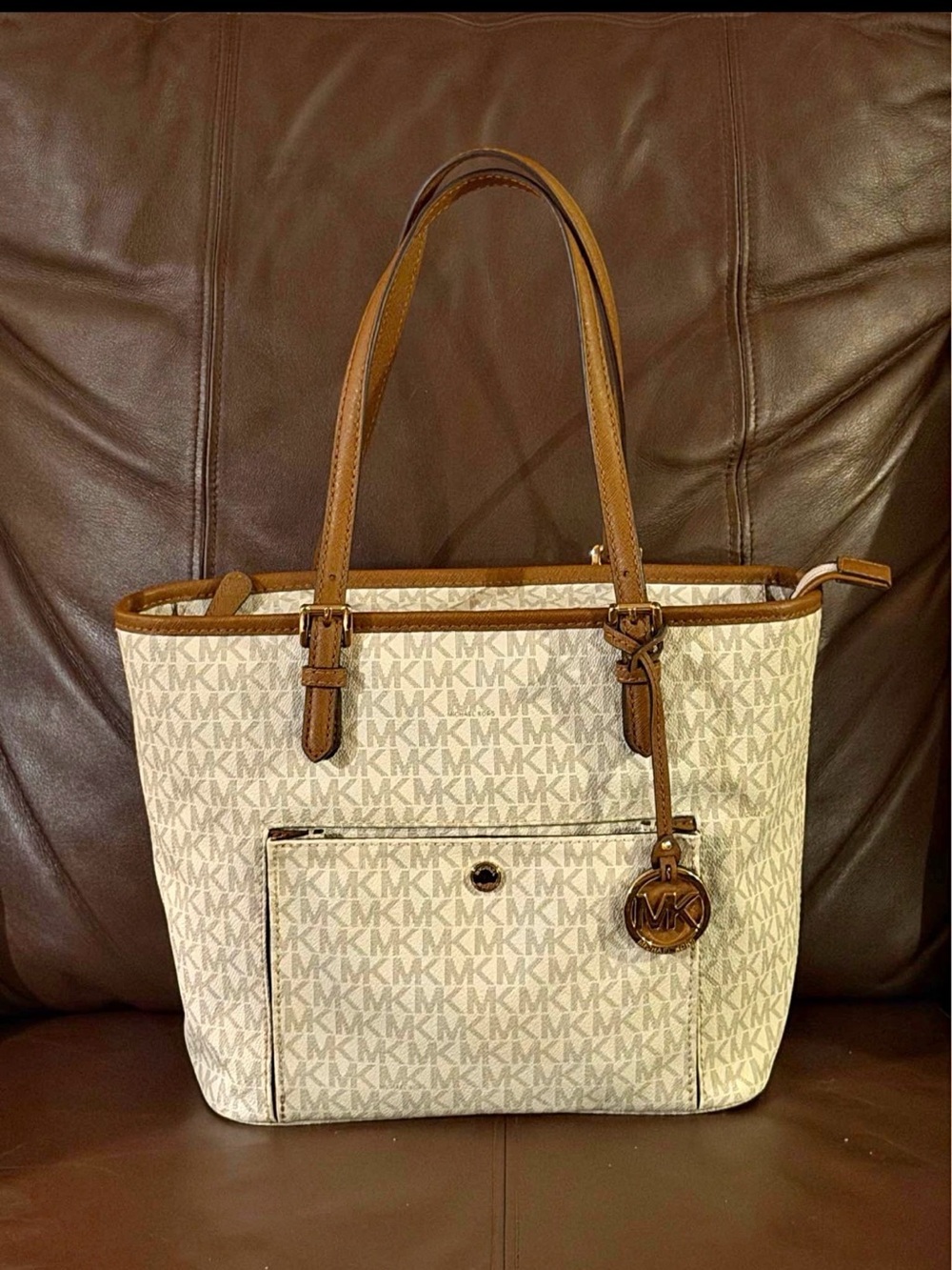 Michael Kors Cream MK Logo Tote with Brown Trim - Picture 1 of 1
